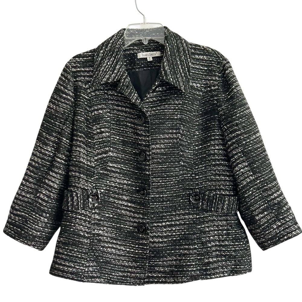 TravelSmith Black White Silver Metallic Tweed Jacket 14